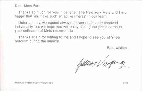 1992 Barry Colla New York Mets Postcards #3192 Julian Vasquez Back