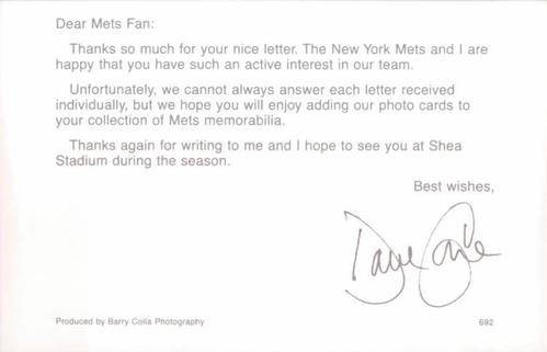 1992 Barry Colla New York Mets Postcards #692 David Cone Back