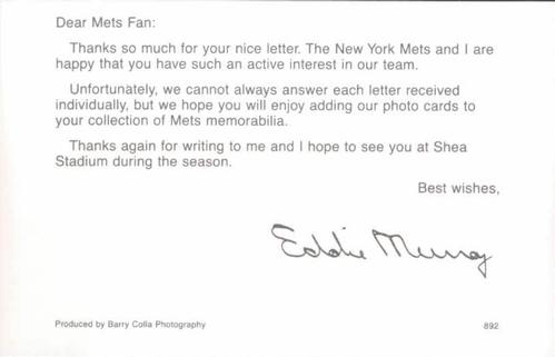 1992 Barry Colla New York Mets Postcards #892 Eddie Murray Back