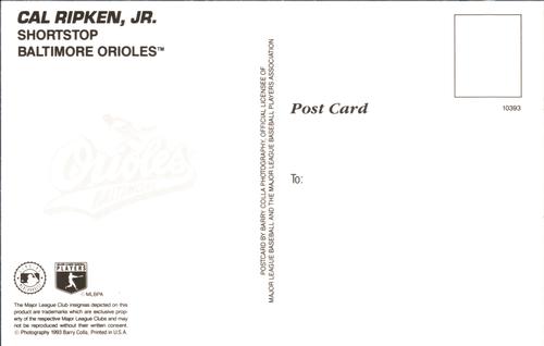 1993 Barry Colla Postcards #10393 Cal Ripken, Jr. Back