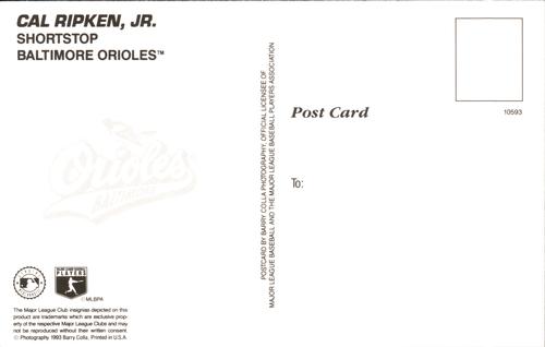 1993 Barry Colla Postcards #10593 Cal Ripken, Jr. Back