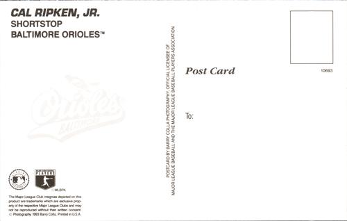 1993 Barry Colla Postcards #10693 Cal Ripken, Jr. Back