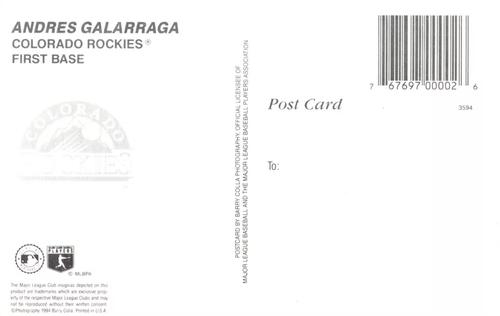 1994 Barry Colla Postcards #3594 Andres Galarraga Back