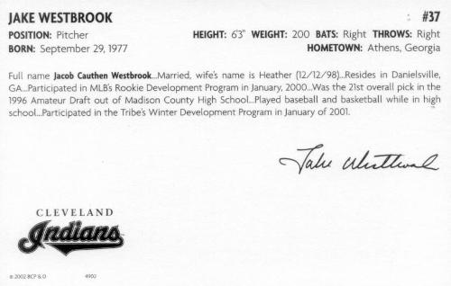 2002 Barry Colla Postcards #4902 Jake Westbrook Back