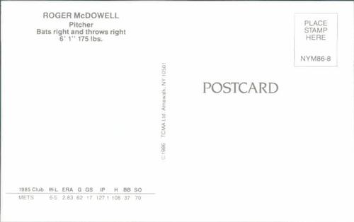 1986 TCMA New York Mets Postcards #NYM86-8 Roger McDowell Back
