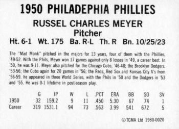 1980 TCMA 1950 Philadelphia Phillies Whiz Kids #0020 Russ Meyer Back