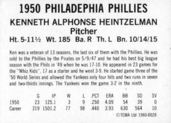 1980 TCMA 1950 Philadelphia Phillies Whiz Kids #0028 Ken Heintzelman Back