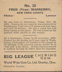 1936 World Wide Gum (V355) #10 Fred Marberry Back