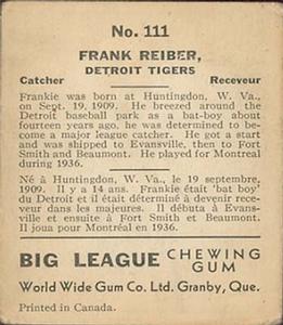 1936 World Wide Gum (V355) #111 Frank Reiber Back