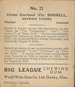 1936 World Wide Gum (V355) #21 Vic Sorrell Back