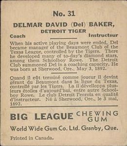 1936 World Wide Gum (V355) #31 Del Baker Back
