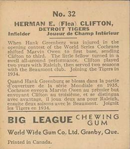 1936 World Wide Gum (V355) #32 Flea Clifton Back