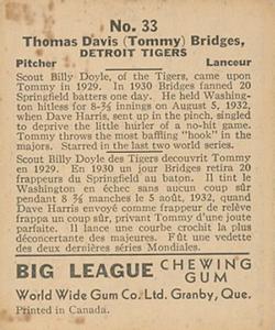 1936 World Wide Gum (V355) #33 Tommy Bridges Back