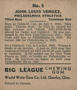 1936 World Wide Gum (V355) #5 Johnny Vergez Back