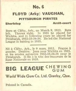 1936 World Wide Gum (V355) #6 Arky Vaughan Back