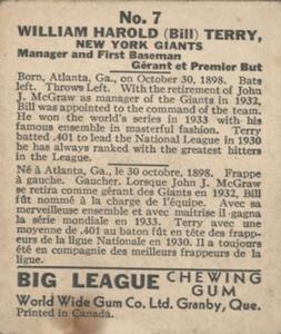 1936 World Wide Gum (V355) #7 Bill Terry Back