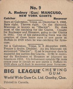 1936 World Wide Gum (V355) #9 Gus Mancuso Back