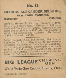 1936 World Wide Gum (V355) #11 George Selkirk Back