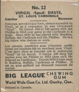 1936 World Wide Gum (V355) #12 Spud Davis Back