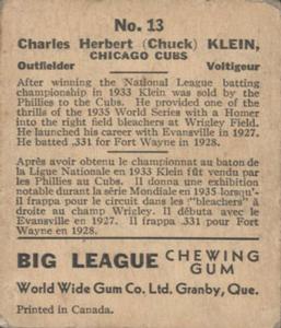 1936 World Wide Gum (V355) #13 Chuck Klein Back