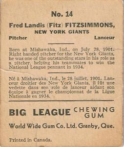 1936 World Wide Gum (V355) #14 Fred Fitzsimmons Back