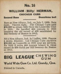 1936 World Wide Gum (V355) #16 Billy Herman Back