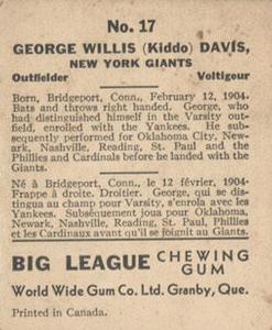 1936 World Wide Gum (V355) #17 Kiddo Davis Back