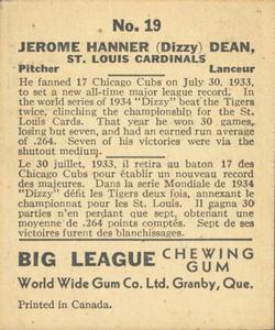 1936 World Wide Gum (V355) #19 Dizzy Dean Back