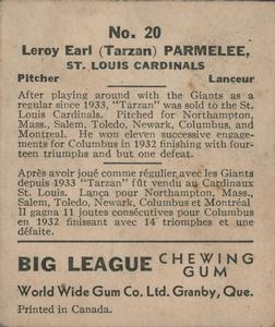 1936 World Wide Gum (V355) #20 Roy Parmelee Back
