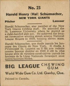 1936 World Wide Gum (V355) #23 Hal Schumacher Back