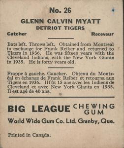 1936 World Wide Gum (V355) #26 Glenn Myatt Back
