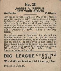 1936 World Wide Gum (V355) #28 Jimmy Ripple Back
