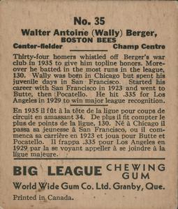 1936 World Wide Gum (V355) #35 Wally Berger Back
