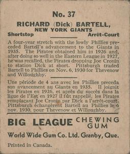 1936 World Wide Gum (V355) #37 Dick Bartell Back