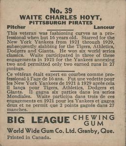 1936 World Wide Gum (V355) #39 Waite Hoyt Back