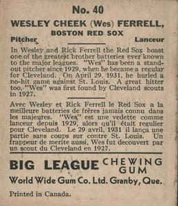 1936 World Wide Gum (V355) #40 Wes Ferrell Back