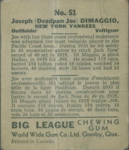1936 World Wide Gum (V355) #51 Joe DiMaggio Back