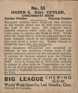 1936 World Wide Gum (V355) #55 KiKi Cuyler Back