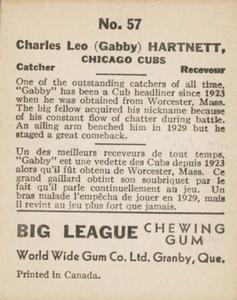 1936 World Wide Gum (V355) #57 Gabby Hartnett Back
