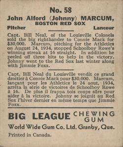 1936 World Wide Gum (V355) #58 Johnny Marcum Back