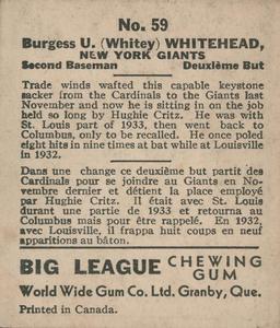 1936 World Wide Gum (V355) #59 Burgess Whitehead Back