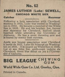 1936 World Wide Gum (V355) #62 Luke Sewell Back