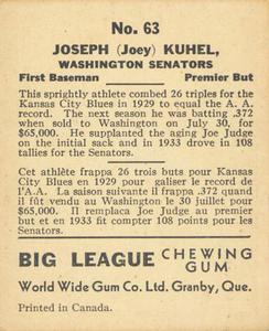 1936 World Wide Gum (V355) #63 Joe Kuhel Back