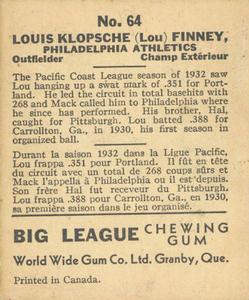 1936 World Wide Gum (V355) #64 Lou Finney Back
