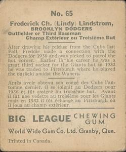 1936 World Wide Gum (V355) #65 Fred Lindstrom Back
