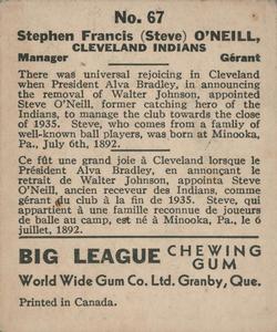 1936 World Wide Gum (V355) #67 Steve O'Neill Back