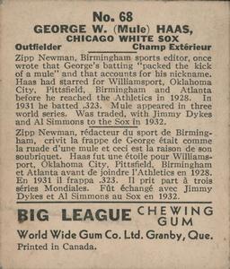1936 World Wide Gum (V355) #68 Mule Haas Back