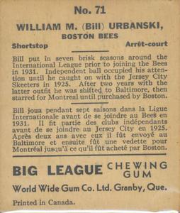 1936 World Wide Gum (V355) #71 Billy Urbanski Back