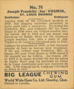 1936 World Wide Gum (V355) #76 Joe Vosmik Back