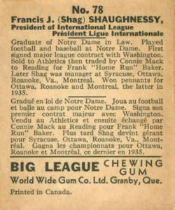 1936 World Wide Gum (V355) #78 Frank Shaughnessy Back